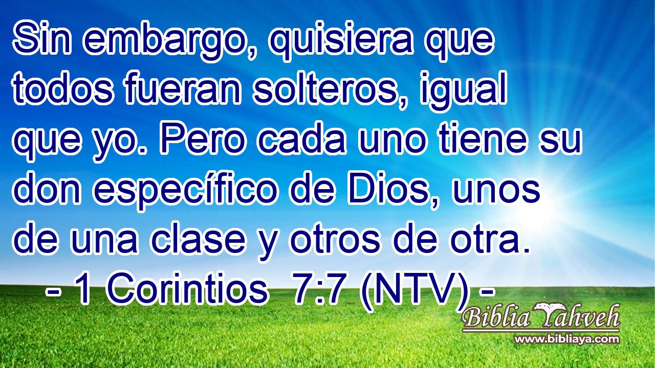 Sin embargo, quisiera que todos fueran solteros, igual que yo. Pero cada uno tiene su don específico de Dios, unos de una clase y otros de otra.