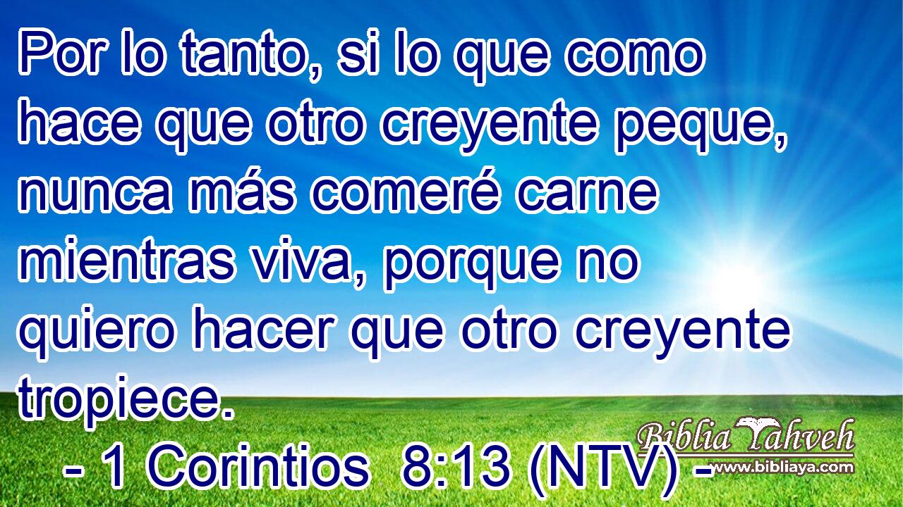 Por lo tanto, si lo que como hace que otro creyente peque, nunca más comeré carne mientras viva, porque no quiero hacer que otro creyente tropiece.