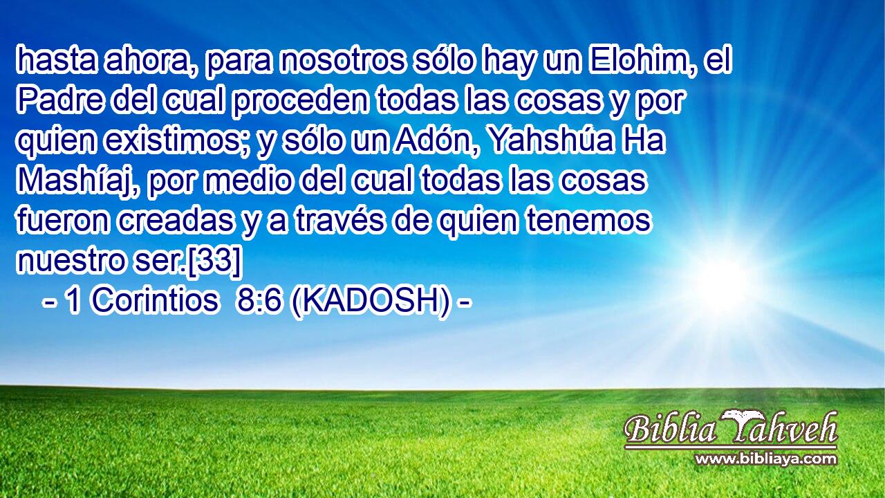  hasta ahora, para nosotros sólo hay un Elohim, el Padre del cual proceden todas las cosas y por quien existimos; y sólo un Adón, Yahshúa Ha Mashíaj, por medio del cual todas las cosas fueron creadas y a través de quien tenemos nuestro ser.[33] 