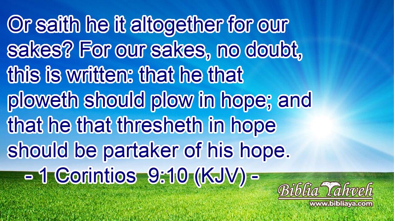Or saith he it altogether for our sakes? For our sakes, no doubt, this is written: that he that ploweth should plow in hope; and that he that thresheth in hope should be partaker of his hope.
