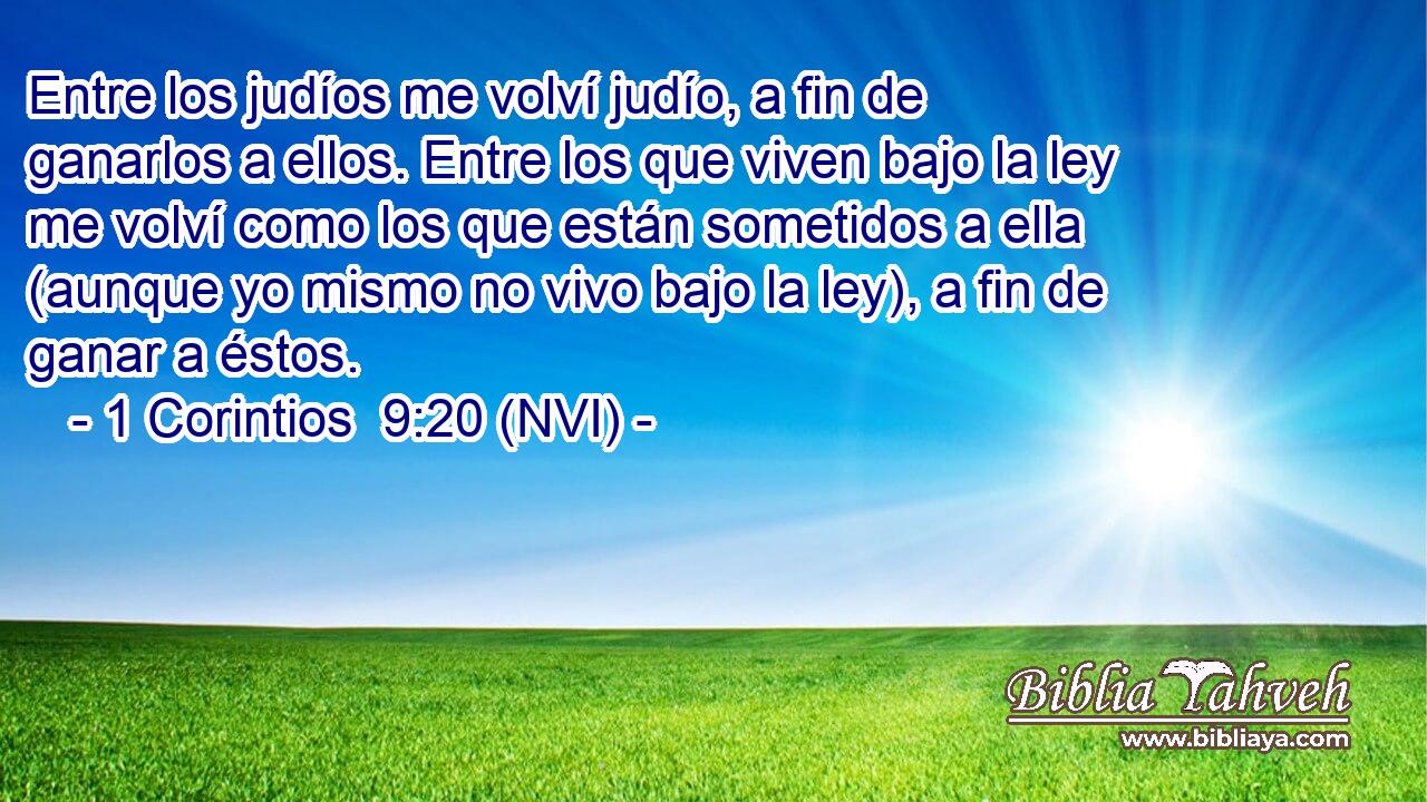  Entre los judíos me volví judío, a fin de ganarlos a ellos. Entre los que viven bajo la ley me volví como los que están sometidos a ella (aunque yo mismo no vivo bajo la ley), a fin de ganar a éstos. 