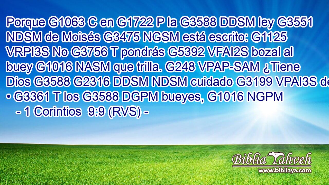 Porque G1063 C en G1722 P la G3588 DDSM ley G3551 NDSM de Moisés G3475 NGSM está escrito: G1125 VRPI3S No G3756 T pondrás G5392 VFAI2S bozal al buey G1016 NASM que trilla. G248 VPAP-SAM ¿Tiene Dios G3588 G2316 DDSM NDSM cuidado G3199 VPAI3S de • G3361 T los G3588 DGPM bueyes, G1016 NGPM 
