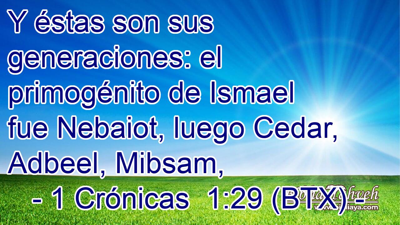 Y éstas son sus generaciones: el primogénito de Ismael fue Nebaiot, luego Cedar, Adbeel, Mibsam,