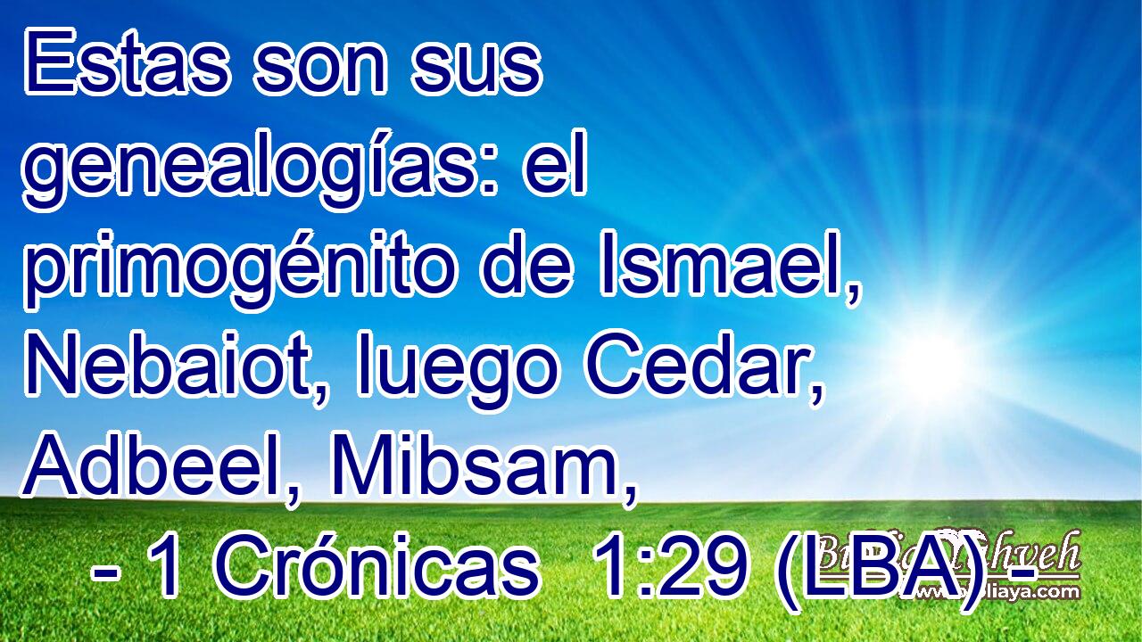 Estas son sus genealogías: el primogénito de Ismael, Nebaiot, luego Cedar, Adbeel, Mibsam,