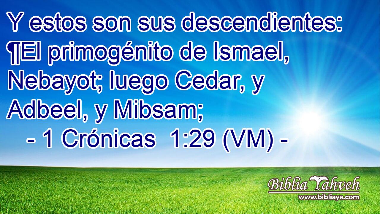  Y estos son sus descendientes: ¶El primogénito de Ismael, Nebayot; luego Cedar, y Adbeel, y Mibsam; 