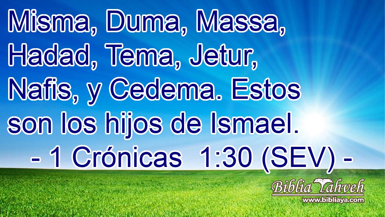 Misma, Duma, Massa, Hadad, Tema, Jetur, Nafis, y Cedema. Estos son los hijos de Ismael.