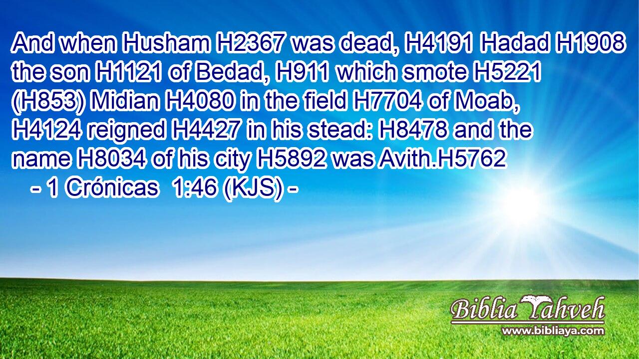 And when Husham H2367 was dead, H4191 Hadad H1908 the son H1121 of Bedad, H911 which smote H5221 (H853) Midian H4080 in the field H7704 of Moab, H4124 reigned H4427 in his stead: H8478 and the name H8034 of his city H5892 was Avith.H5762