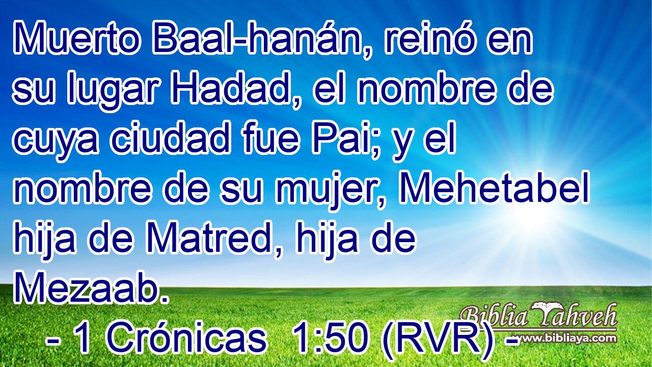 Muerto Baal-hanán, reinó en su lugar Hadad, el nombre de cuya ciudad fue Pai; y el nombre de su mujer, Mehetabel hija de Matred, hija de Mezaab.