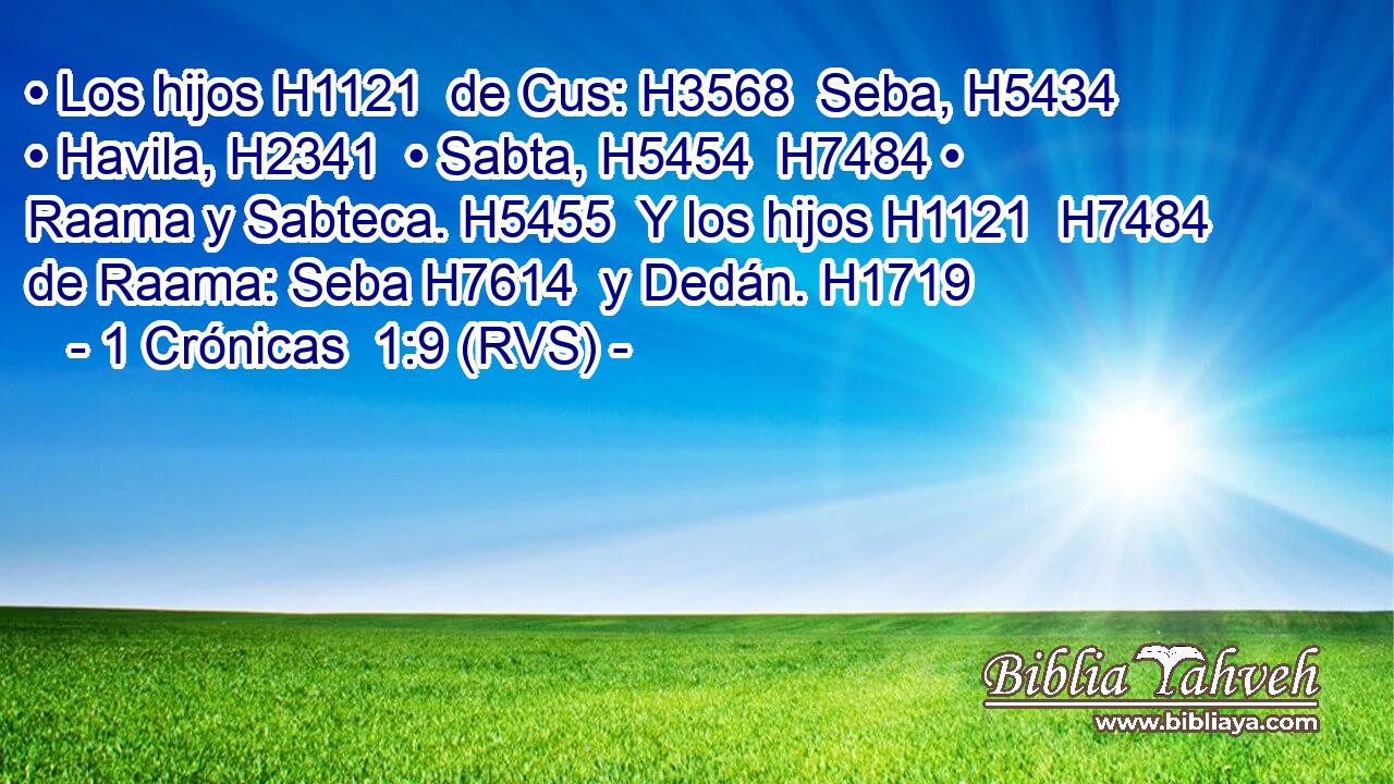 • Los hijos H1121  de Cus: H3568  Seba, H5434  • Havila, H2341  • Sabta, H5454  H7484 • Raama y Sabteca. H5455  Y los hijos H1121  H7484 de Raama: Seba H7614  y Dedán. H1719  