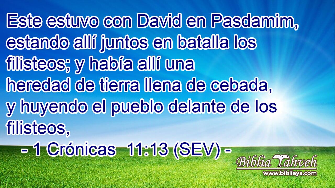Este estuvo con David en Pasdamim, estando allí juntos en batalla los filisteos; y había allí una heredad de tierra llena de cebada, y huyendo el pueblo delante de los filisteos,