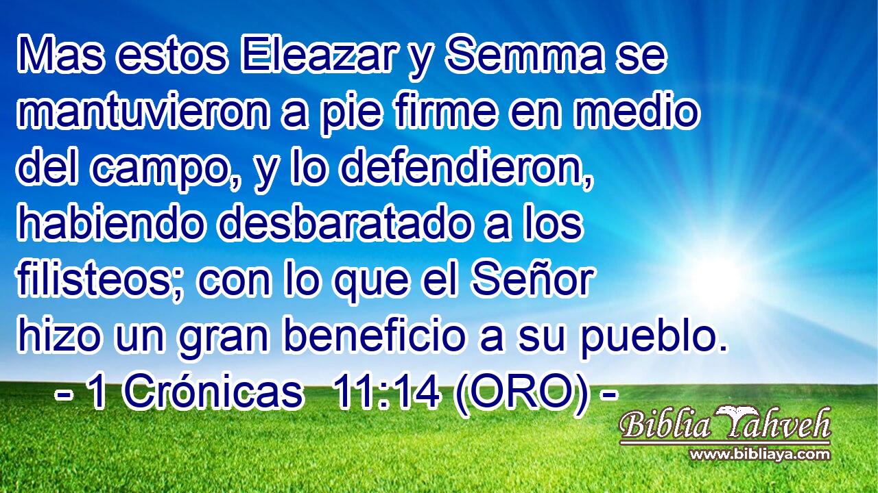  Mas estos Eleazar y Semma se mantuvieron a pie firme en medio del campo, y lo defendieron, habiendo desbaratado a los filisteos; con lo que el Señor hizo un gran beneficio a su pueblo. 