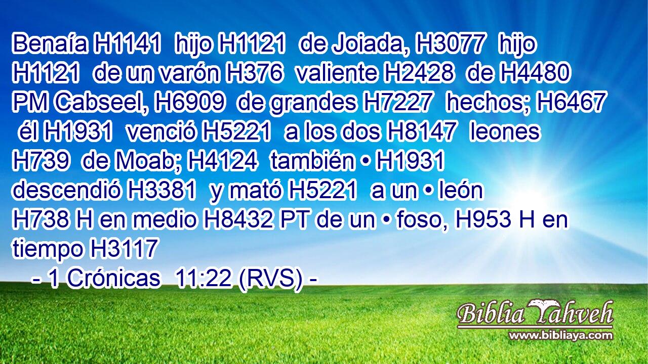 Benaía H1141  hijo H1121  de Joiada, H3077  hijo H1121  de un varón H376  valiente H2428  de H4480 PM Cabseel, H6909  de grandes H7227  hechos; H6467  él H1931  venció H5221  a los dos H8147  leones H739  de Moab; H4124  también • H1931  descendió H3381  y mató H5221  a un • león H738 H en medio H8432 PT de un • foso, H953 H en tiempo H3117 