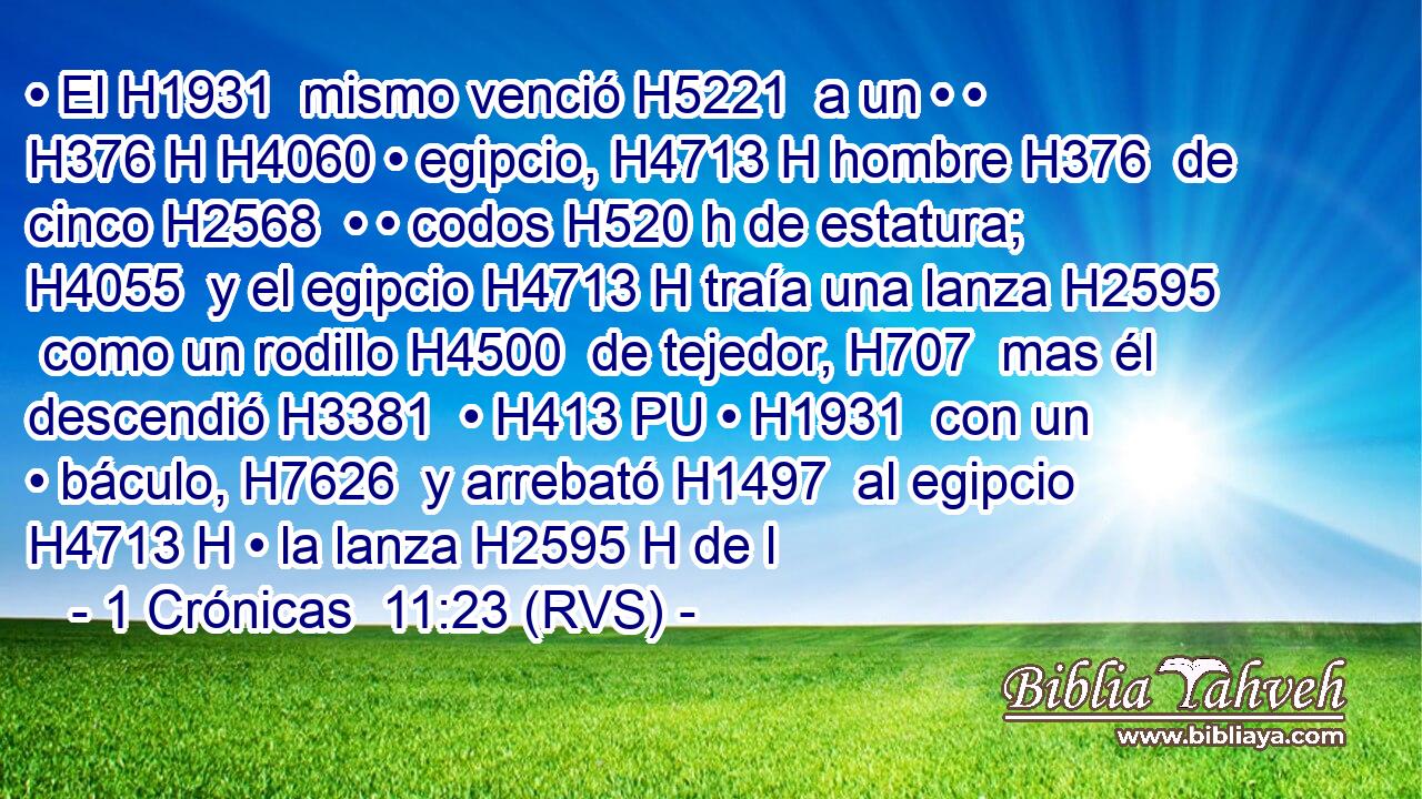 • El H1931  mismo venció H5221  a un • • H376 H H4060 • egipcio, H4713 H hombre H376  de cinco H2568  • • codos H520 h de estatura; H4055  y el egipcio H4713 H traía una lanza H2595  como un rodillo H4500  de tejedor, H707  mas él descendió H3381  • H413 PU • H1931  con un • báculo, H7626  y arrebató H1497  al egipcio H4713 H • la lanza H2595 H de l