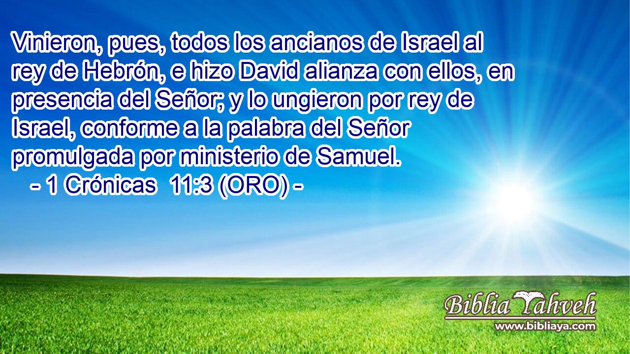  Vinieron, pues, todos los ancianos de Israel al rey de Hebrón, e hizo David alianza con ellos, en presencia del Señor; y lo ungieron por rey de Israel, conforme a la palabra del Señor promulgada por ministerio de Samuel. 