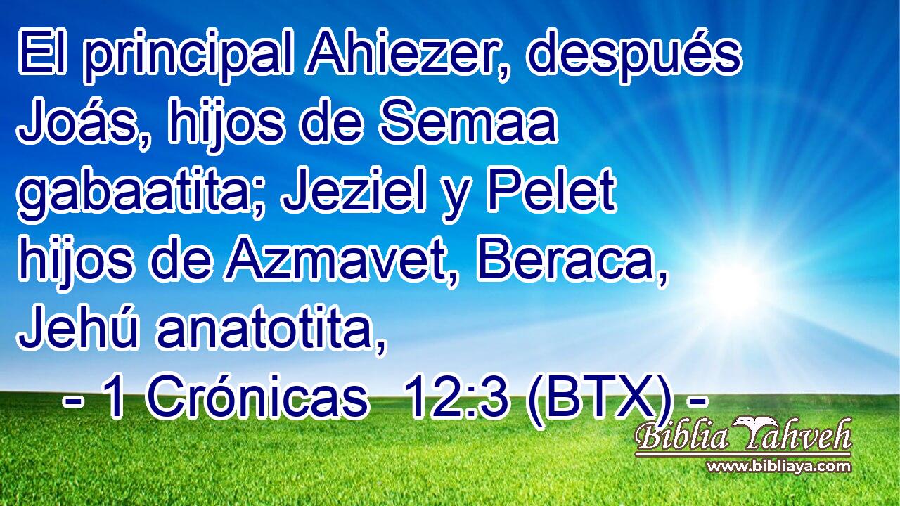 El principal Ahiezer, después Joás, hijos de Semaa gabaatita; Jeziel y Pelet hijos de Azmavet, Beraca, Jehú anatotita,