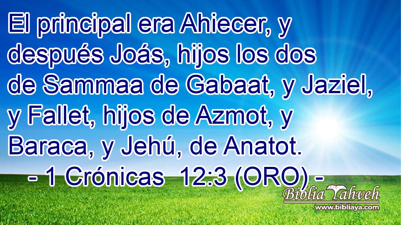  El principal era Ahiecer, y después Joás, hijos los dos de Sammaa de Gabaat, y Jaziel, y Fallet, hijos de Azmot, y Baraca, y Jehú, de Anatot. 