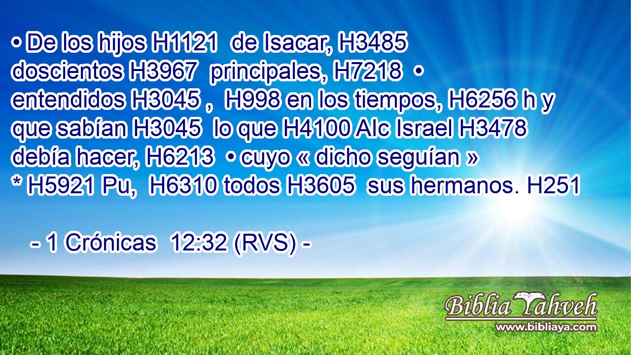 • De los hijos H1121  de Isacar, H3485  doscientos H3967  principales, H7218  • entendidos H3045 ,  H998 en los tiempos, H6256 h y que sabían H3045  lo que H4100 AIc Israel H3478  debía hacer, H6213  • cuyo « dicho seguían » * H5921 Pu,  H6310 todos H3605  sus hermanos. H251  