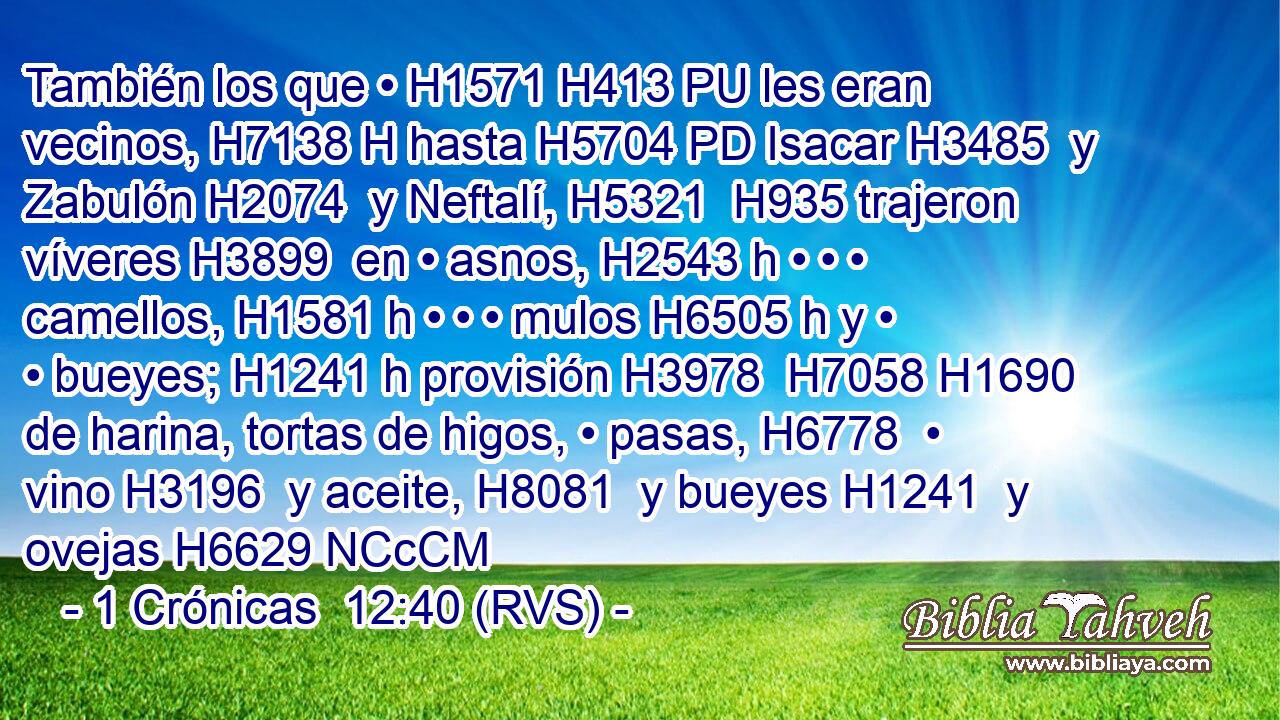 También los que • H1571 H413 PU les eran vecinos, H7138 H hasta H5704 PD Isacar H3485  y Zabulón H2074  y Neftalí, H5321  H935 trajeron víveres H3899  en • asnos, H2543 h • • • camellos, H1581 h • • • mulos H6505 h y • • bueyes; H1241 h provisión H3978  H7058 H1690 de harina, tortas de higos, • pasas, H6778  • vino H3196  y aceite, H8081  y bueyes H1241  y ovejas H6629 NCcCM