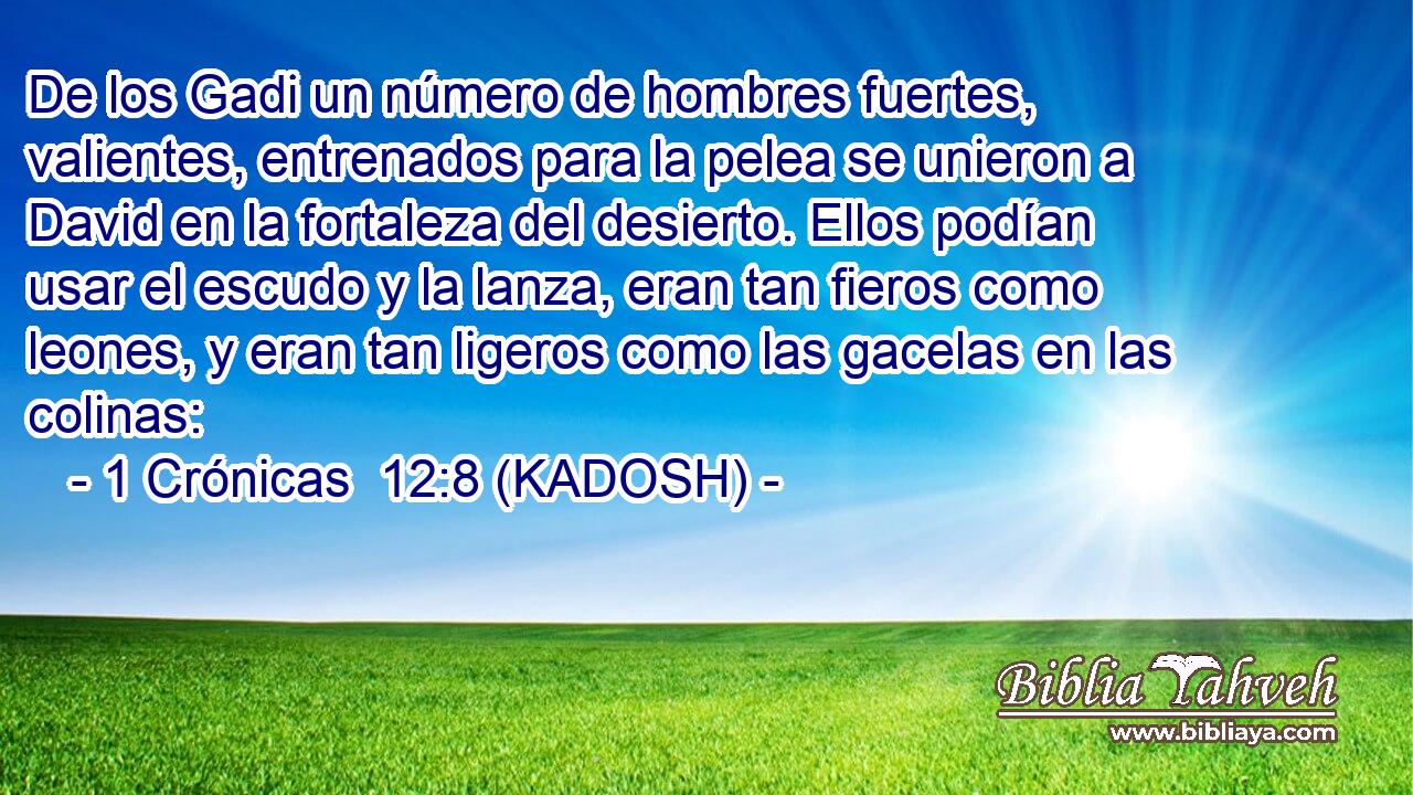  De los Gadi un número de hombres fuertes, valientes, entrenados para la pelea se unieron a David en la fortaleza del desierto. Ellos podían usar el escudo y la lanza, eran tan fieros como leones, y eran tan ligeros como las gacelas en las colinas: 