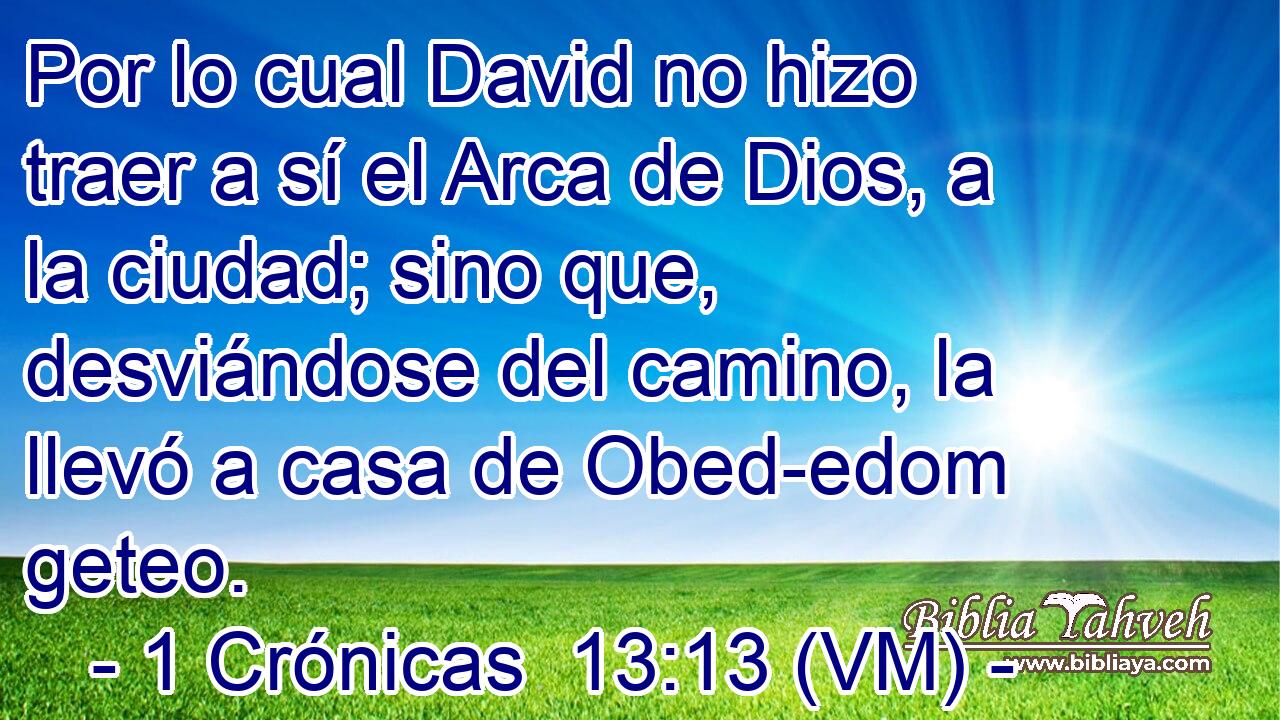  Por lo cual David no hizo traer a sí el Arca de Dios, a la ciudad; sino que, desviándose del camino, la llevó a casa de Obed-edom geteo. 