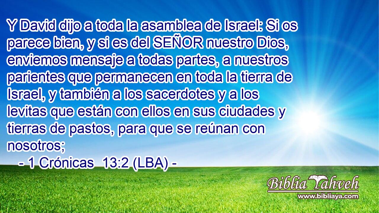 Y David dijo a toda la asamblea de Israel: Si os parece bien, y si es del SEÑOR nuestro Dios, enviemos mensaje a todas partes, a nuestros parientes que permanecen en toda la tierra de Israel, y también a los sacerdotes y a los levitas que están con ellos en sus ciudades y tierras de pastos, para que se reúnan con nosotros;