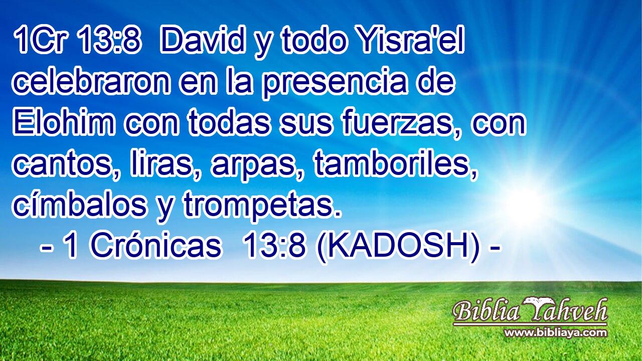  David y todo Yisra'el celebraron en la presencia de Elohim con todas sus fuerzas, con cantos, liras, arpas, tamboriles, címbalos y trompetas. 
