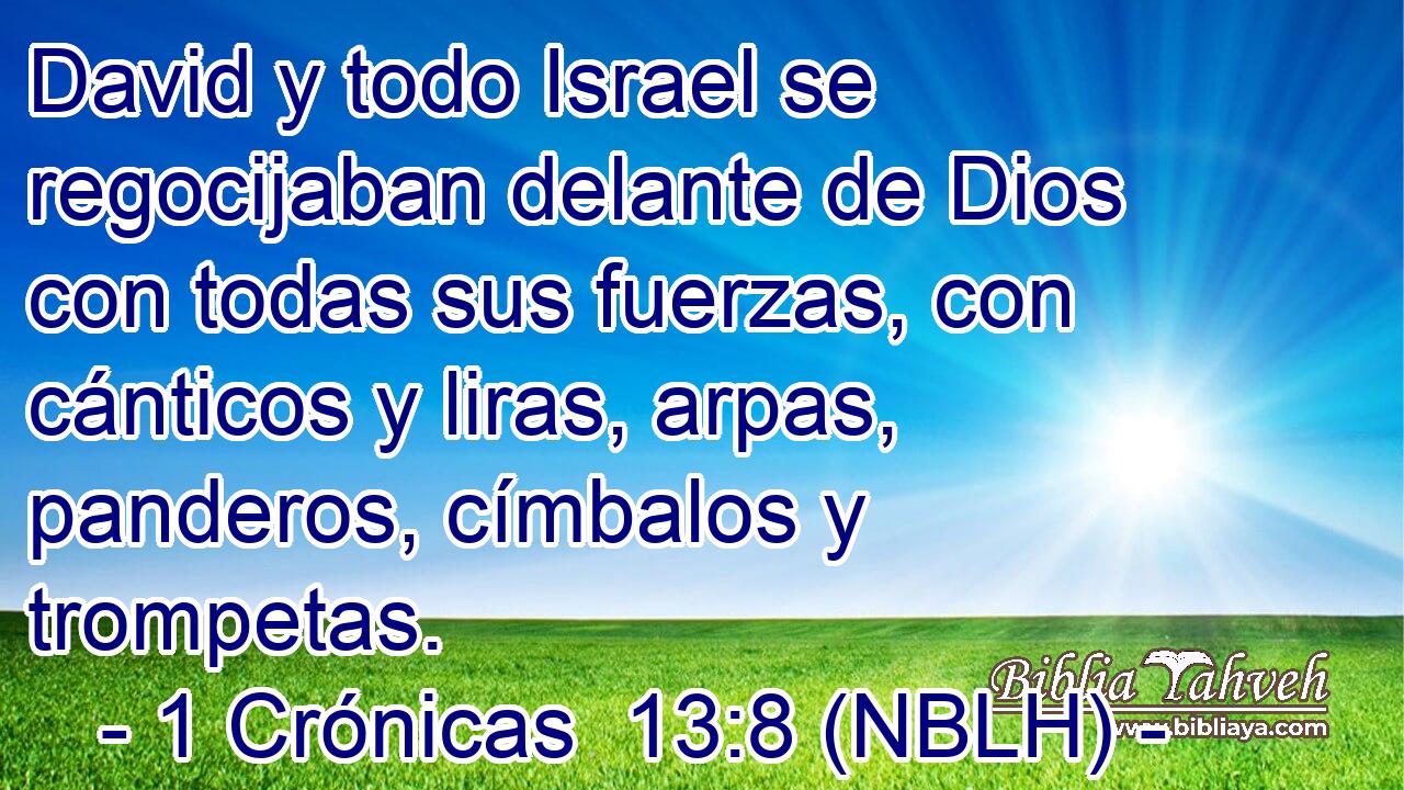  David y todo Israel se regocijaban delante de Dios con todas sus fuerzas, con cánticos y liras, arpas, panderos, címbalos y trompetas. 