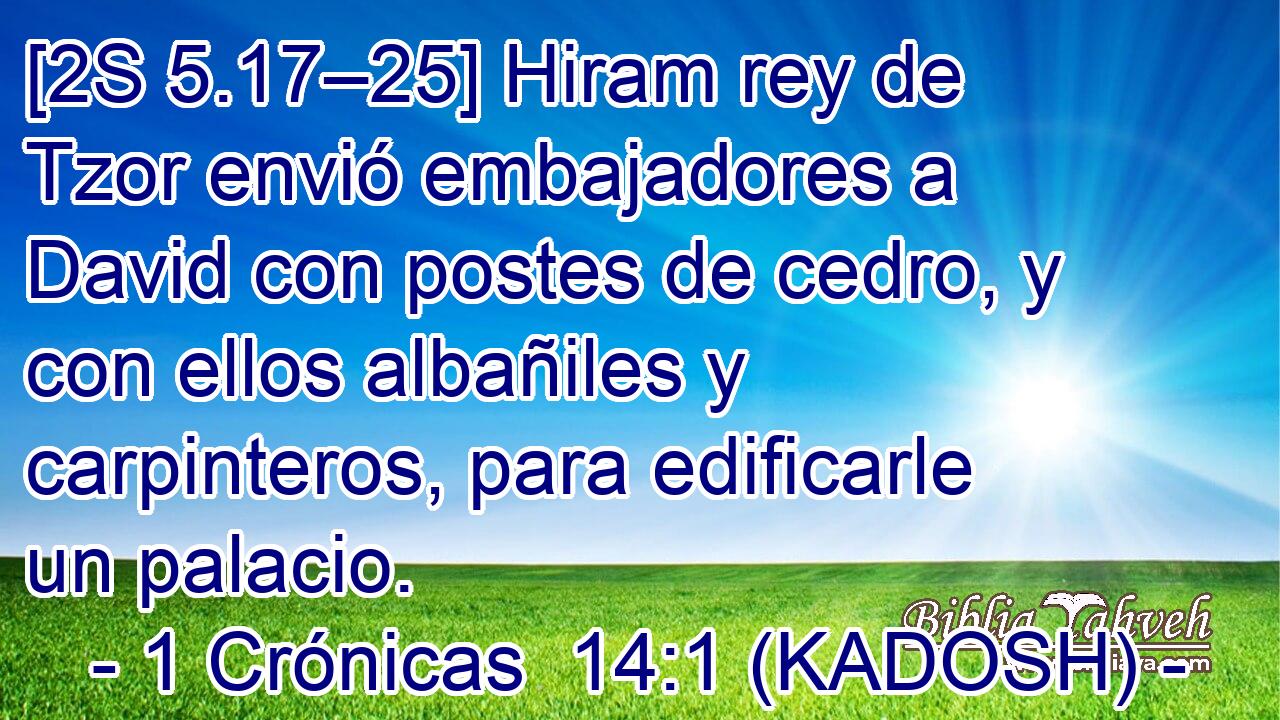  [2S 5.17–25] Hiram rey de Tzor envió embajadores a David con postes de cedro, y con ellos albañiles y carpinteros, para edificarle un palacio. 