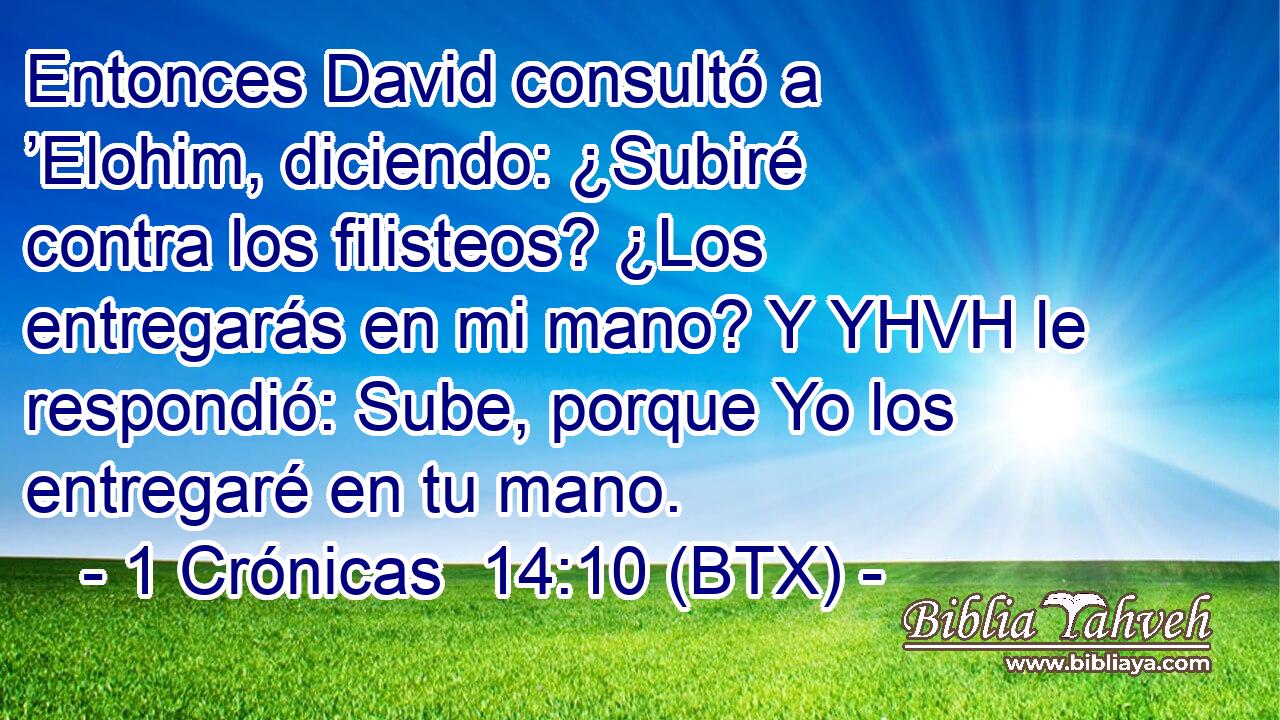 Entonces David consultó a ’Elohim, diciendo: ¿Subiré contra los filisteos? ¿Los entregarás en mi mano? Y YHVH le respondió: Sube, porque Yo los entregaré en tu mano.