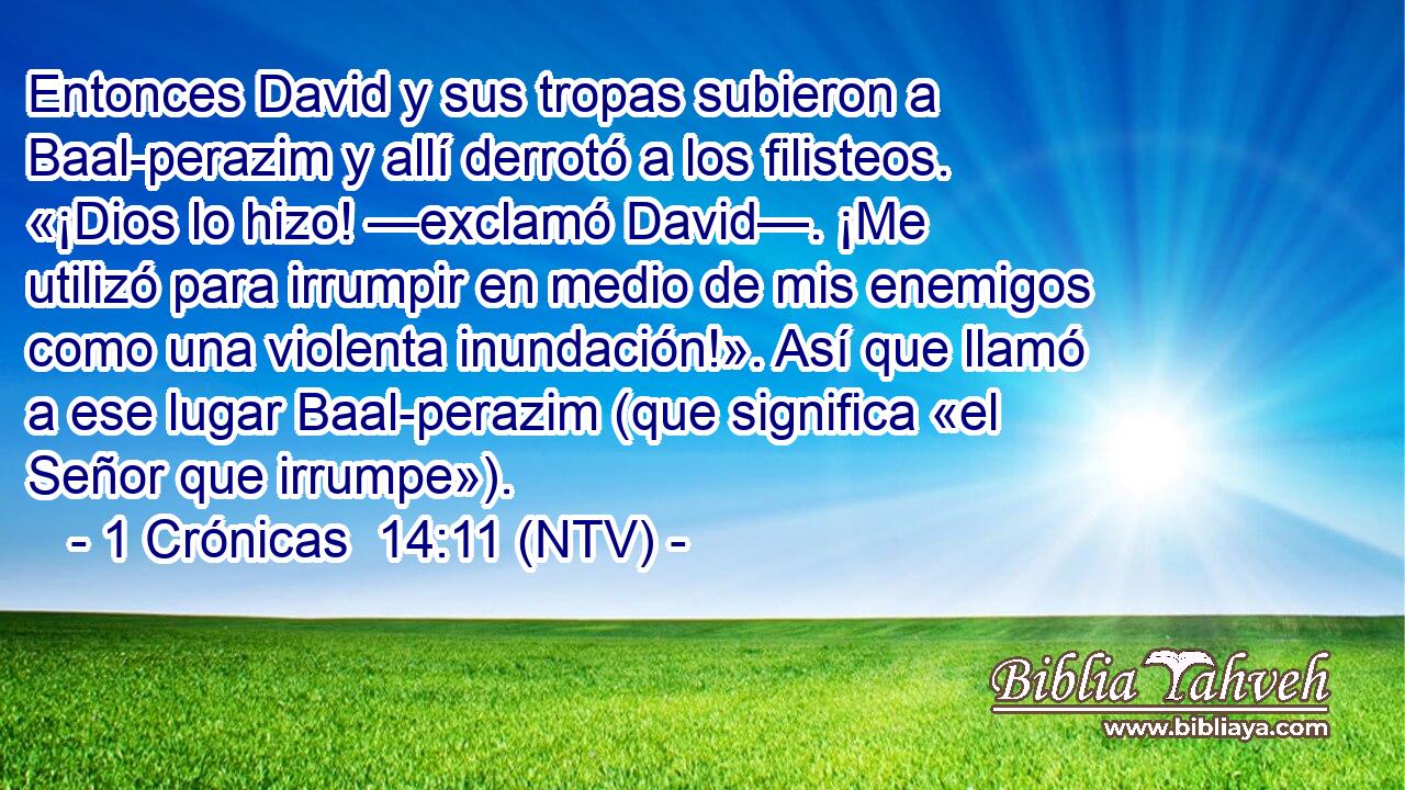 Entonces David y sus tropas subieron a Baal-perazim y allí derrotó a los filisteos. «¡Dios lo hizo! —exclamó David—. ¡Me utilizó para irrumpir en medio de mis enemigos como una violenta inundación!». Así que llamó a ese lugar Baal-perazim (que significa «el Señor que irrumpe»).