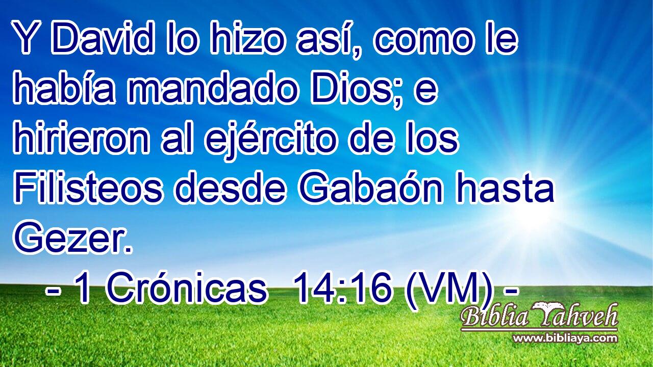 Y David lo hizo así, como le había mandado Dios; e hirieron al ejército de los Filisteos desde Gabaón hasta Gezer. 