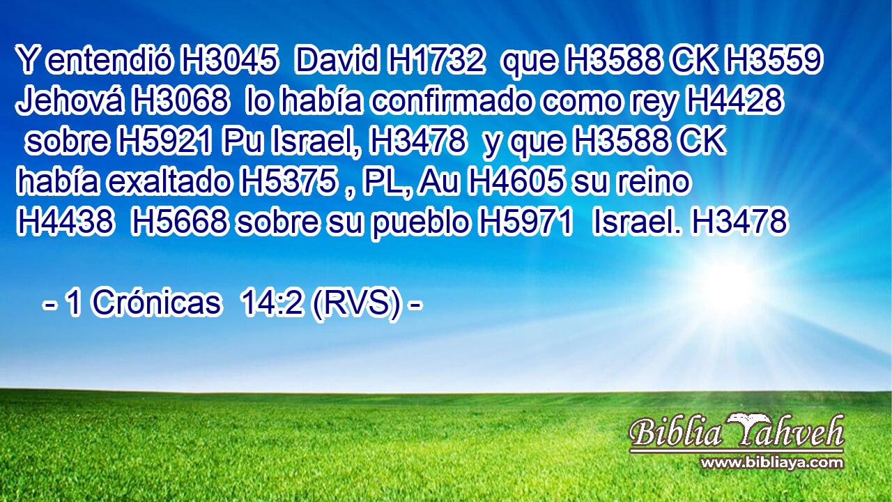 Y entendió H3045  David H1732  que H3588 CK H3559 Jehová H3068  lo había confirmado como rey H4428  sobre H5921 Pu Israel, H3478  y que H3588 CK había exaltado H5375 , PL, Au H4605 su reino H4438  H5668 sobre su pueblo H5971  Israel. H3478  