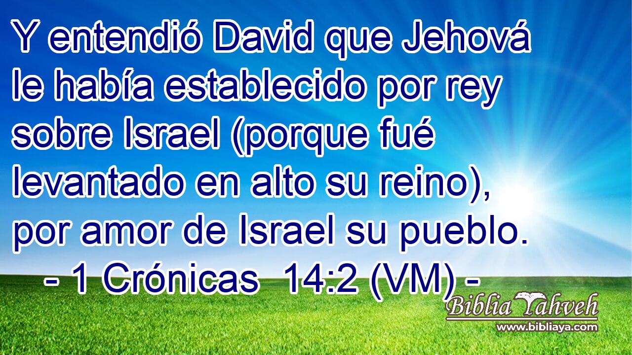 Y entendió David que Jehová le había establecido por rey sobre Israel (porque fué levantado en alto su reino), por amor de Israel su pueblo. 