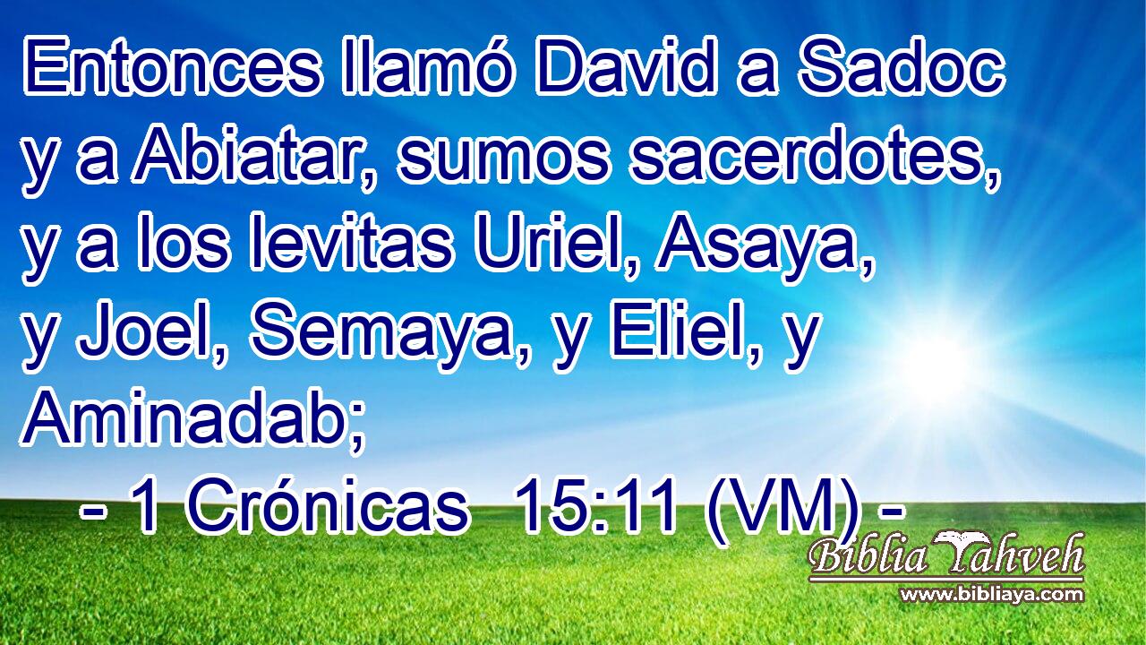  Entonces llamó David a Sadoc y a Abiatar, sumos sacerdotes, y a los levitas Uriel, Asaya, y Joel, Semaya, y Eliel, y Aminadab; 