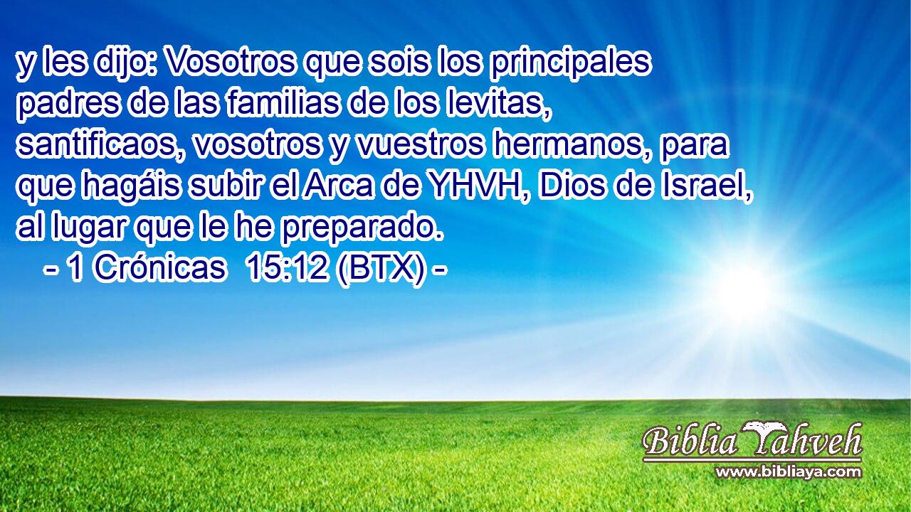 y les dijo: Vosotros que sois los principales padres de las familias de los levitas, santificaos, vosotros y vuestros hermanos, para que hagáis subir el Arca de YHVH, Dios de Israel, al lugar que le he preparado.