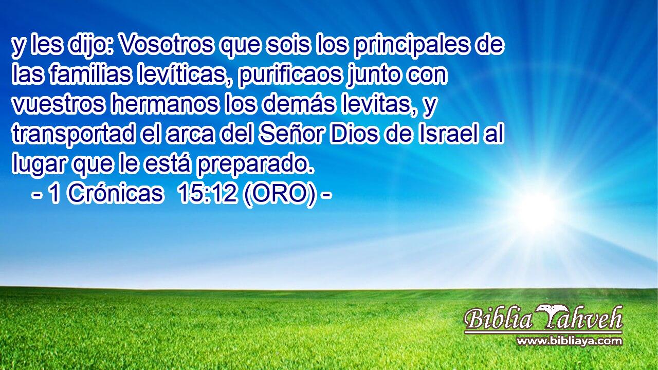  y les dijo: Vosotros que sois los principales de las familias levíticas, purificaos junto con vuestros hermanos los demás levitas, y transportad el arca del Señor Dios de Israel al lugar que le está preparado. 