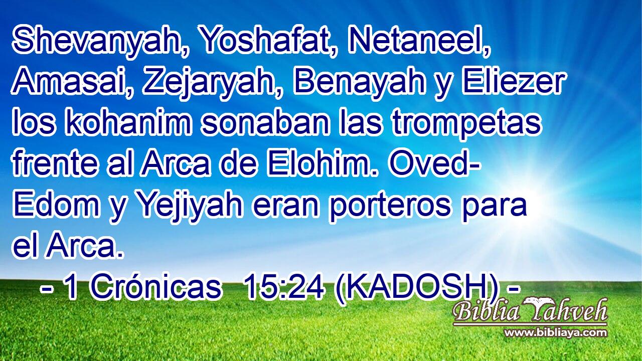  Shevanyah, Yoshafat, Netaneel, Amasai, Zejaryah, Benayah y Eliezer los kohanim sonaban las trompetas frente al Arca de Elohim. Oved- Edom y Yejiyah eran porteros para el Arca. 