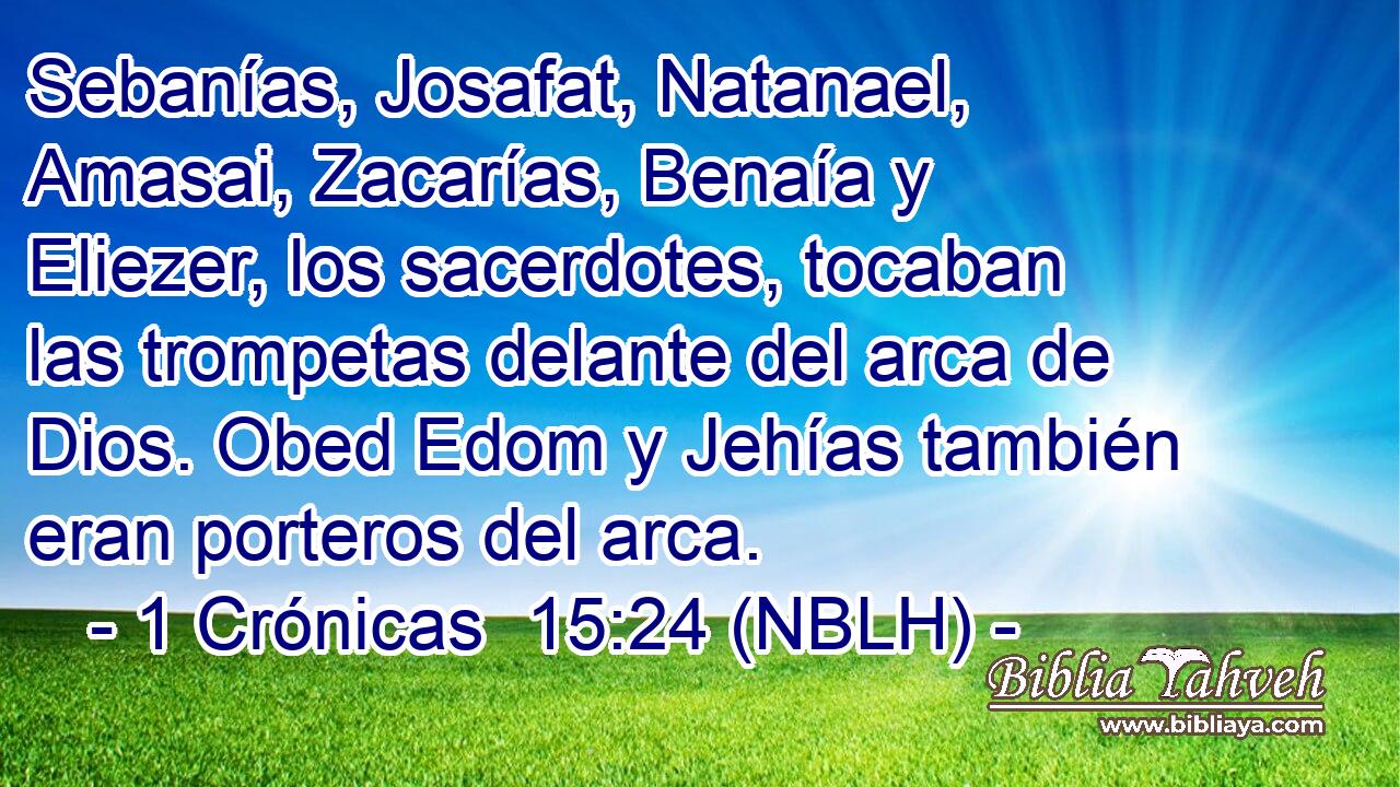  Sebanías, Josafat, Natanael, Amasai, Zacarías, Benaía y Eliezer, los sacerdotes, tocaban las trompetas delante del arca de Dios. Obed Edom y Jehías también eran porteros del arca. 