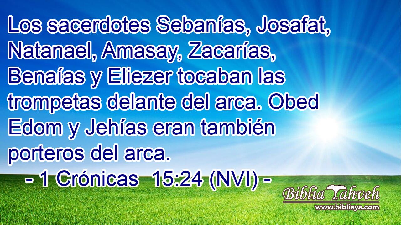  Los sacerdotes Sebanías, Josafat, Natanael, Amasay, Zacarías, Benaías y Eliezer tocaban las trompetas delante del arca. Obed Edom y Jehías eran también porteros del arca. 