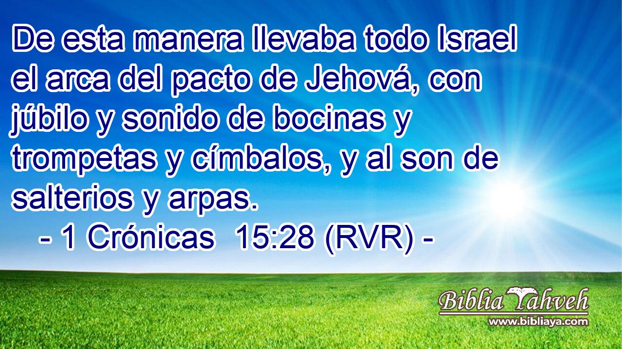 De esta manera llevaba todo Israel el arca del pacto de Jehová, con júbilo y sonido de bocinas y trompetas y címbalos, y al son de salterios y arpas.
