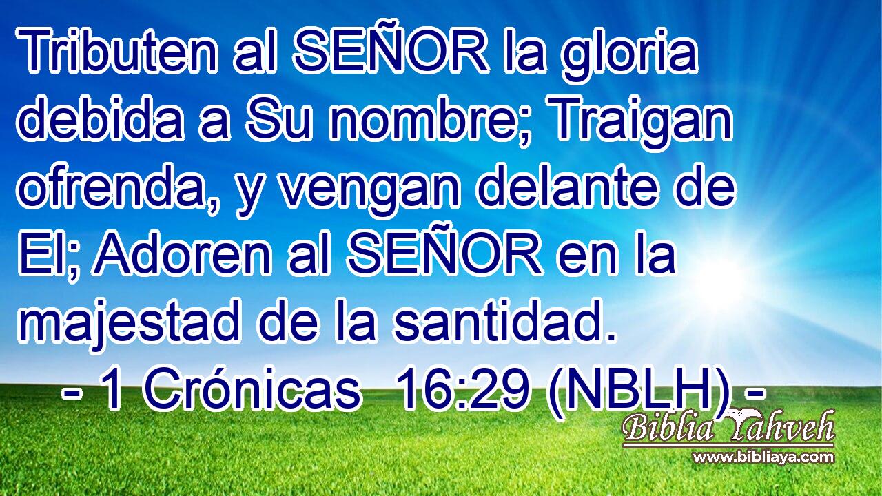  Tributen al SEÑOR la gloria debida a Su nombre; Traigan ofrenda, y vengan delante de El; Adoren al SEÑOR en la majestad de la santidad. 