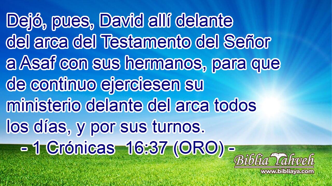  Dejó, pues, David allí delante del arca del Testamento del Señor a Asaf con sus hermanos, para que de continuo ejerciesen su ministerio delante del arca todos los días, y por sus turnos. 
