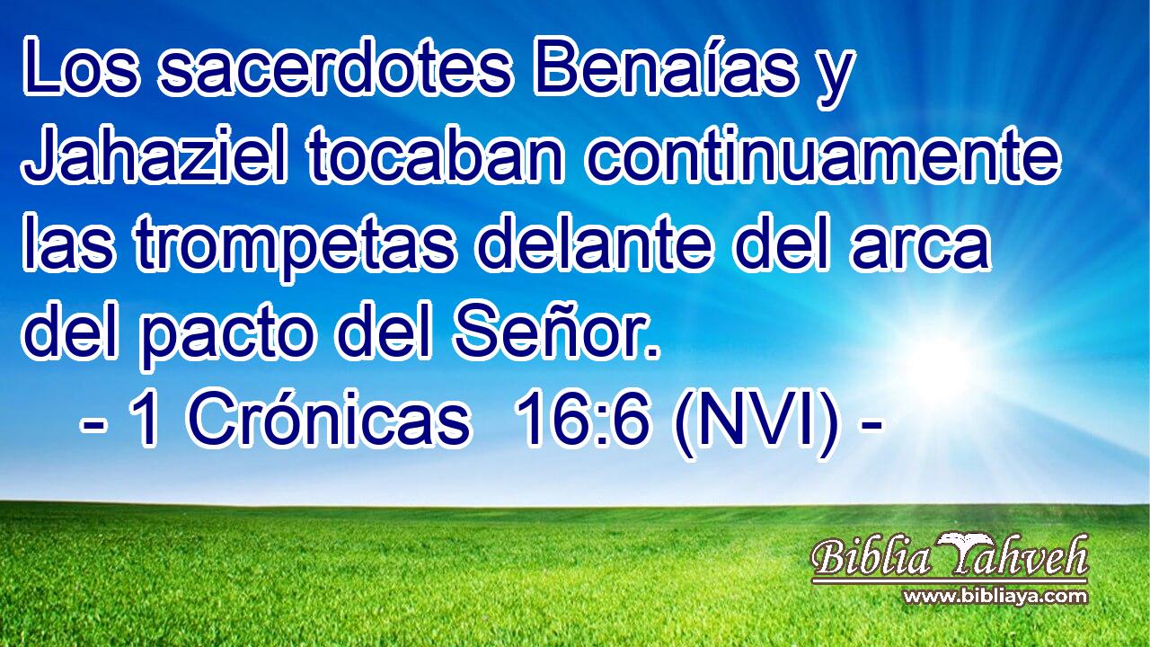  Los sacerdotes Benaías y Jahaziel tocaban continuamente las trompetas delante del arca del pacto del Señor. 