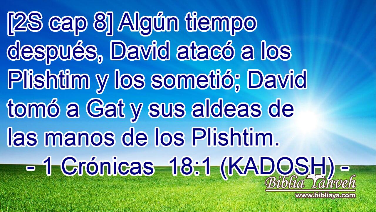  [2S cap 8] Algún tiempo después, David atacó a los Plishtim y los sometió; David tomó a Gat y sus aldeas de las manos de los Plishtim. 