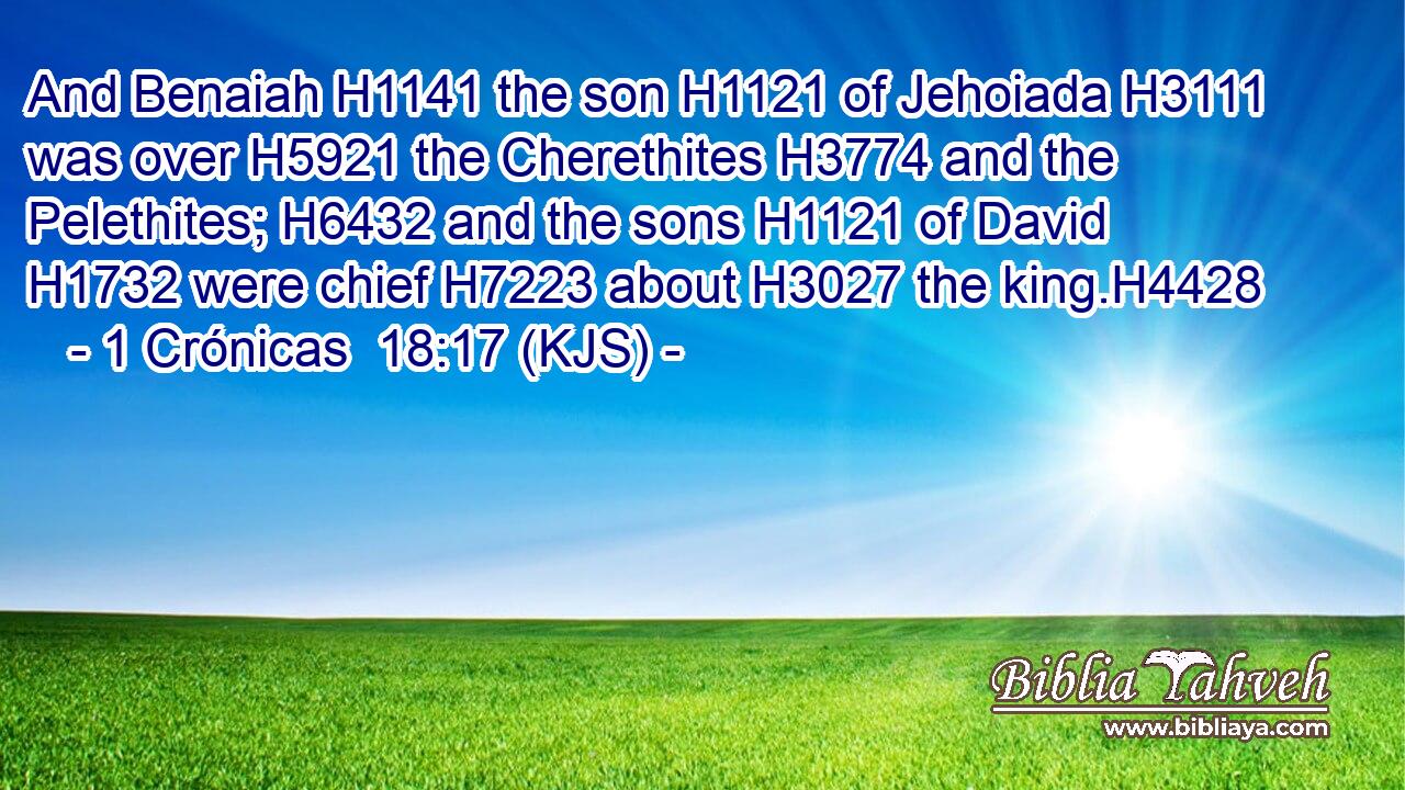 And Benaiah H1141 the son H1121 of Jehoiada H3111 was over H5921 the Cherethites H3774 and the Pelethites; H6432 and the sons H1121 of David H1732 were chief H7223 about H3027 the king.H4428
