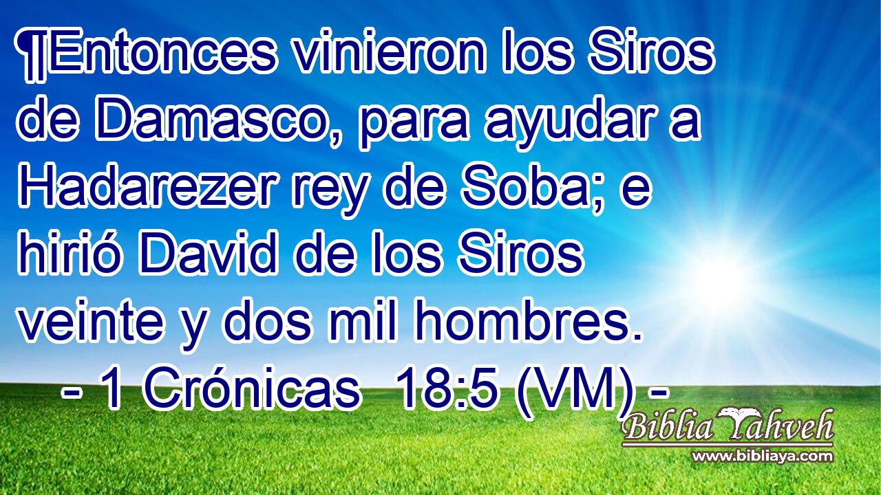  ¶Entonces vinieron los Siros de Damasco, para ayudar a Hadarezer rey de Soba; e hirió David de los Siros veinte y dos mil hombres. 