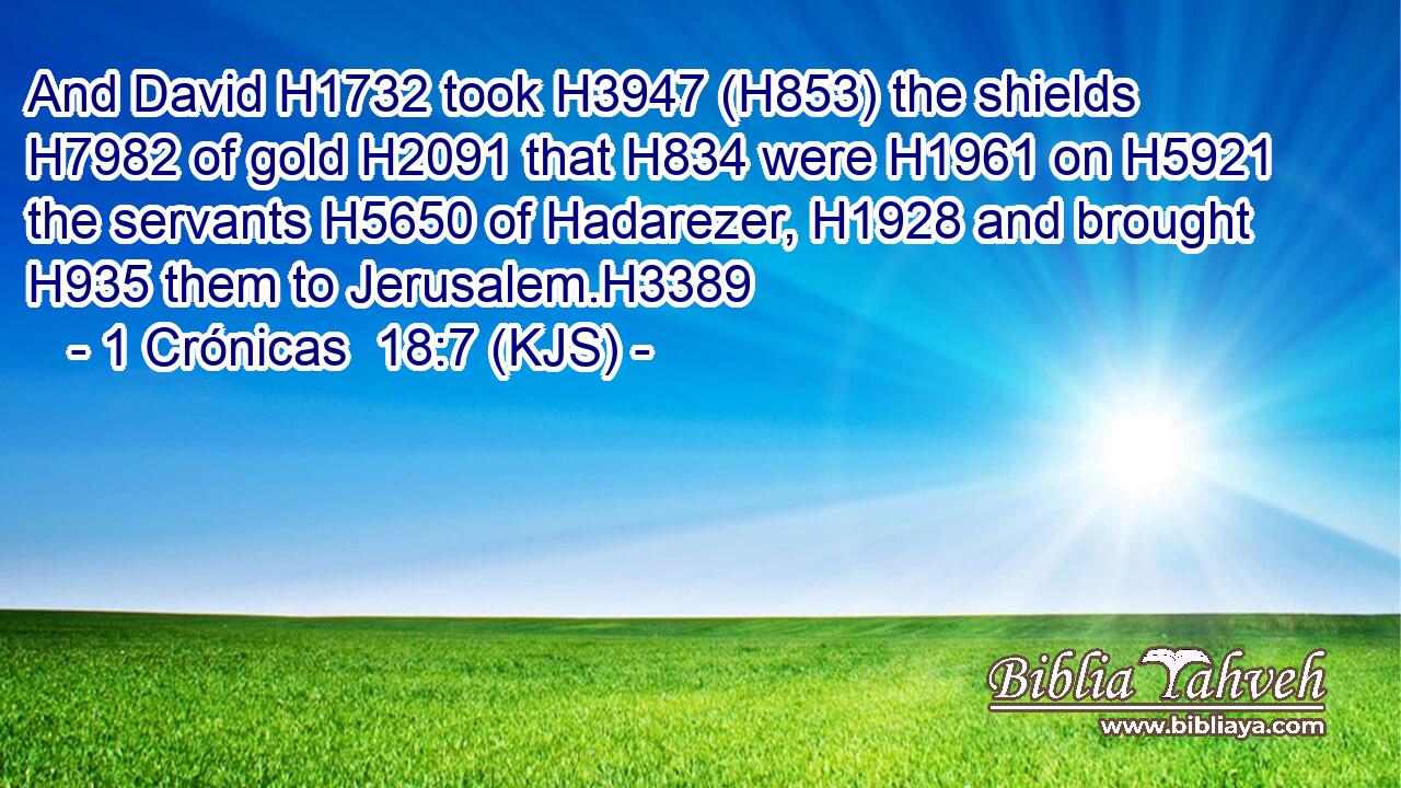 And David H1732 took H3947 (H853) the shields H7982 of gold H2091 that H834 were H1961 on H5921 the servants H5650 of Hadarezer, H1928 and brought H935 them to Jerusalem.H3389