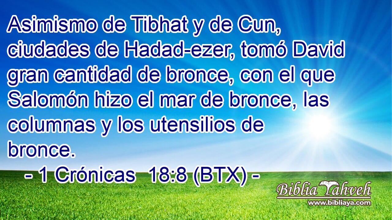 Asimismo de Tibhat y de Cun, ciudades de Hadad-ezer, tomó David gran cantidad de bronce, con el que Salomón hizo el mar de bronce, las columnas y los utensilios de bronce.