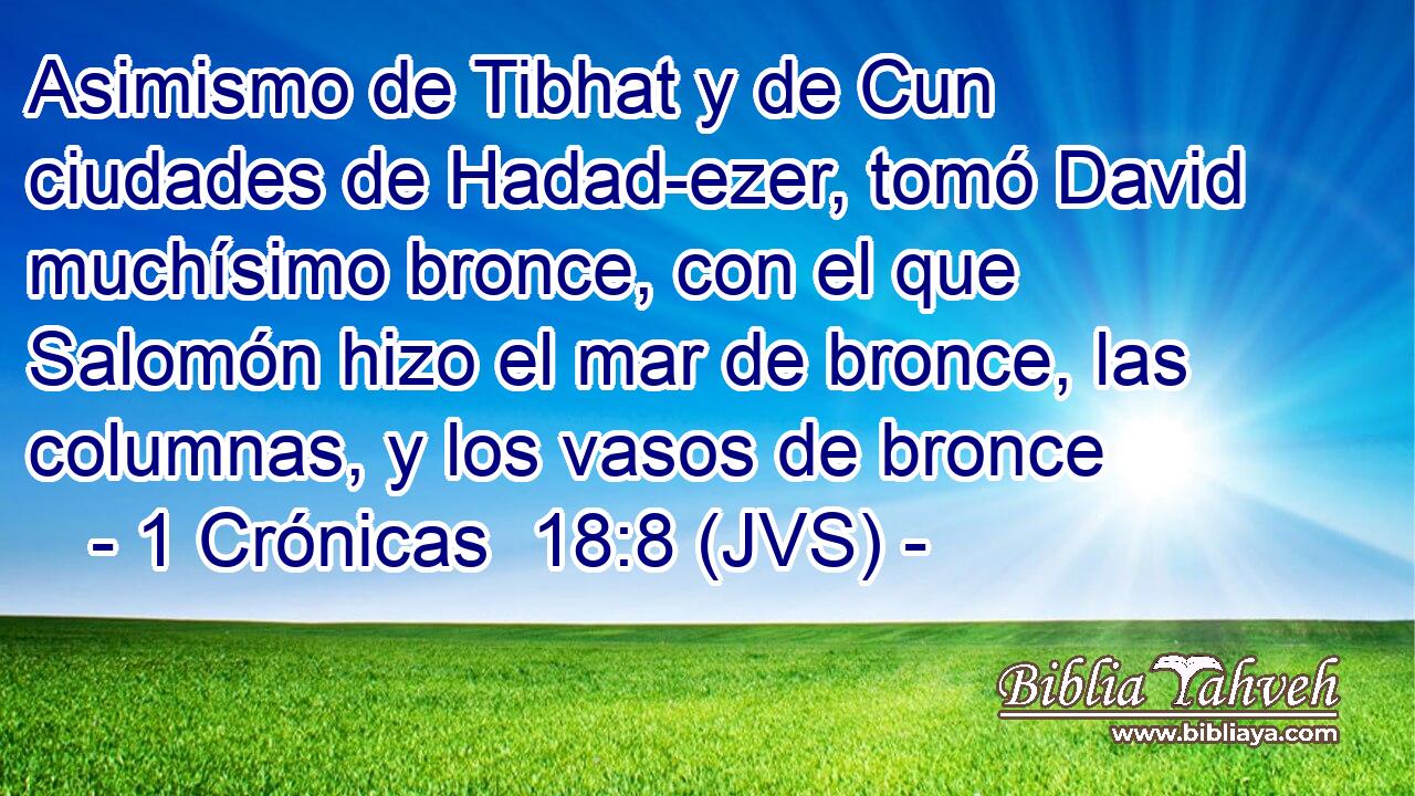 Asimismo de Tibhat y de Cun ciudades de Hadad-ezer, tomó David muchísimo bronce, con el que Salomón hizo el mar de bronce, las columnas, y los vasos de bronce