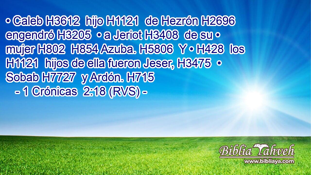 • Caleb H3612  hijo H1121  de Hezrón H2696  engendró H3205  • a Jeriot H3408  de su • mujer H802  H854 Azuba. H5806  Y • H428  los H1121  hijos de ella fueron Jeser, H3475  • Sobab H7727  y Ardón. H715  